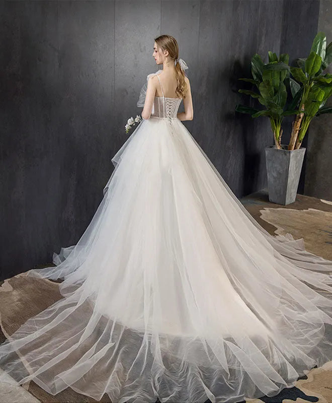 Charming A-Line Illusion Neck Flutter Sleeve Tulle Lace-Up Sweep/Brush Train Long Wedding Dress