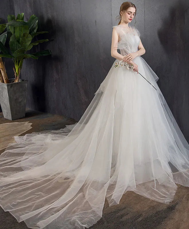 Charming A-Line Illusion Neck Flutter Sleeve Tulle Lace-Up Sweep/Brush Train Long Wedding Dress