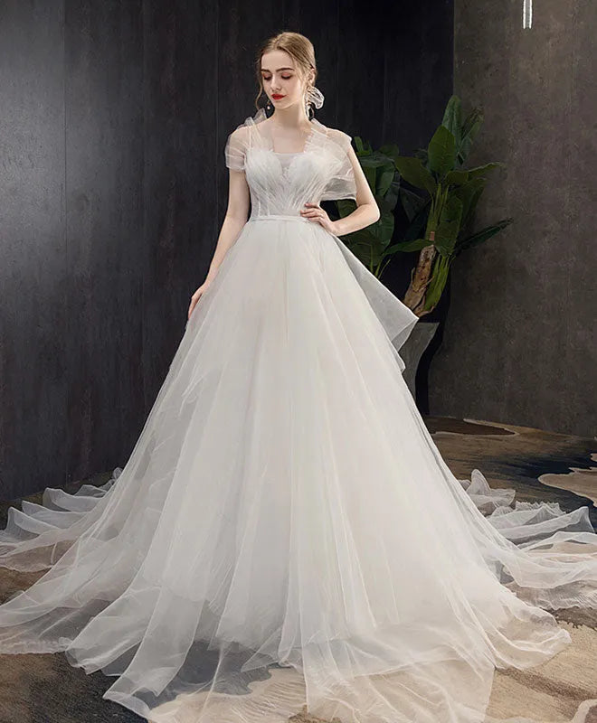 Charming A-Line Illusion Neck Flutter Sleeve Tulle Lace-Up Sweep/Brush Train Long Wedding Dress