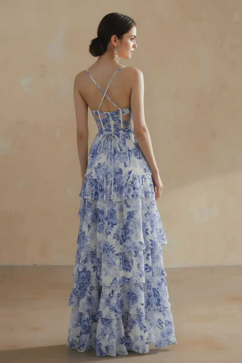 Ethereal A-Line Sweetheart Spaghetti-Strap Crisscross-Lace-Up-Back Tiered-Ruffle High-Low Prom Dress