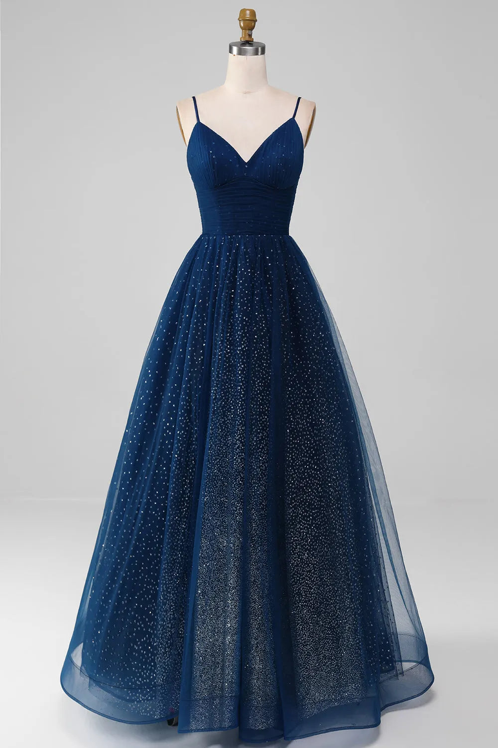 Ethereal A-Line V-Neck Spaghetti-Strap Lace-Up-Back Floor-Length Prom Dress