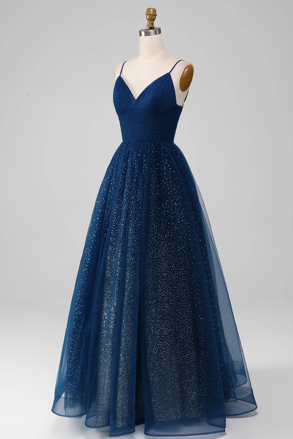 Ethereal A-Line V-Neck Spaghetti-Strap Lace-Up-Back Floor-Length Prom Dress