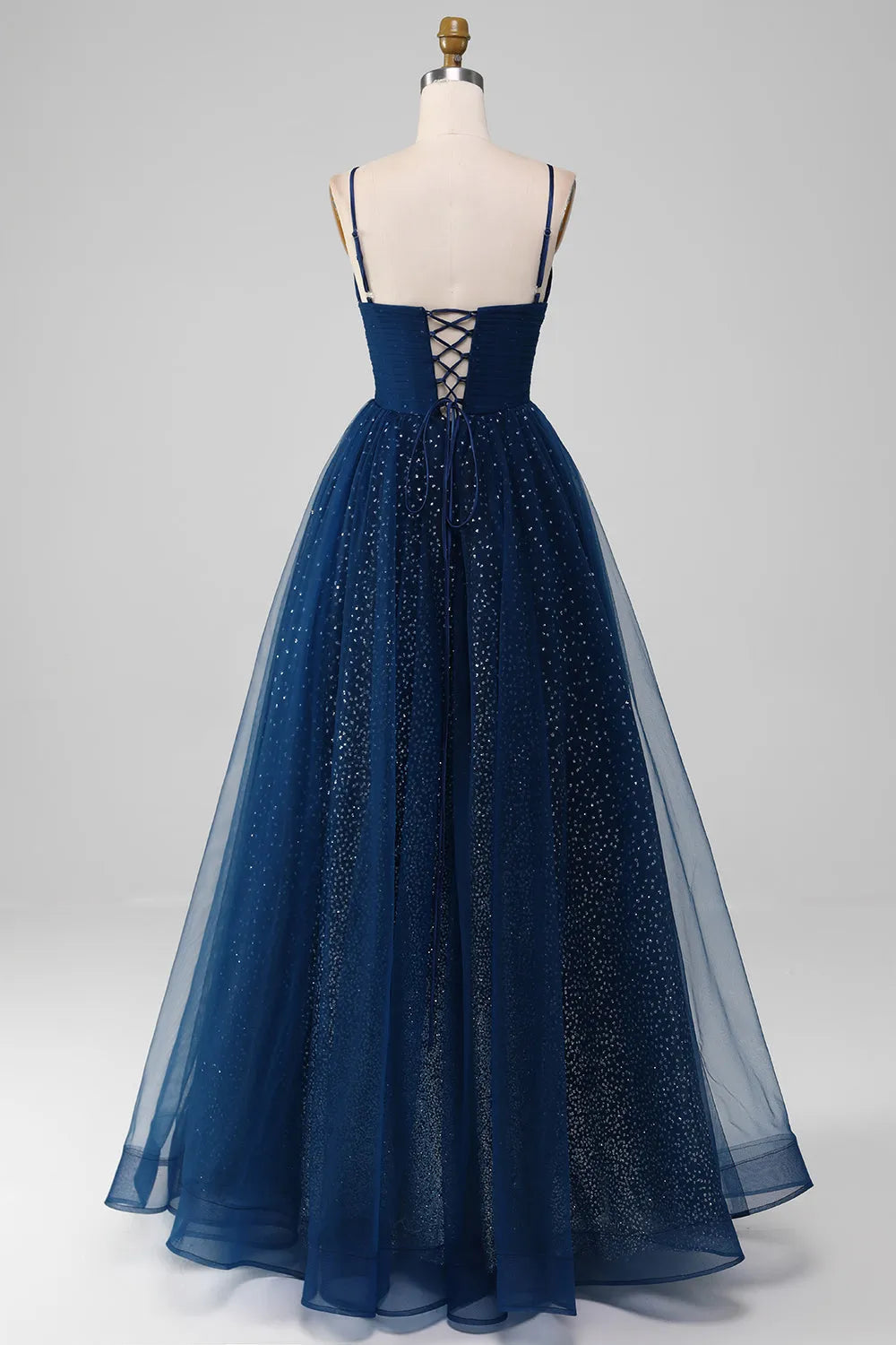 Ethereal A-Line V-Neck Spaghetti-Strap Lace-Up-Back Floor-Length Prom Dress