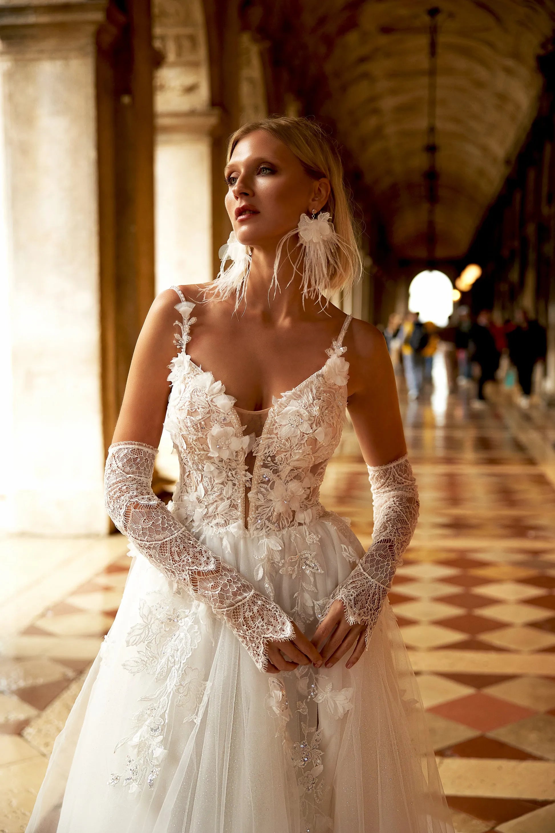Ethereal Ball Gown V-Neck Detachable-Sleeve Open-Back Floor-Length Wedding Dresses
