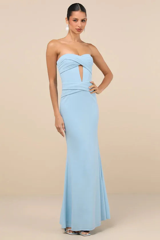 Ethereal Mermaid Strapless Ruched-Bodice Cutout-Front Floor-Length Prom Dress