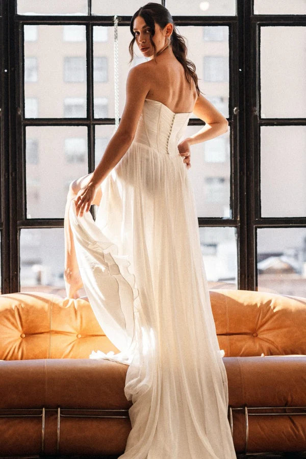 Ethereal A-Line Sweetheart Halter Button Back Train Wedding Dresses