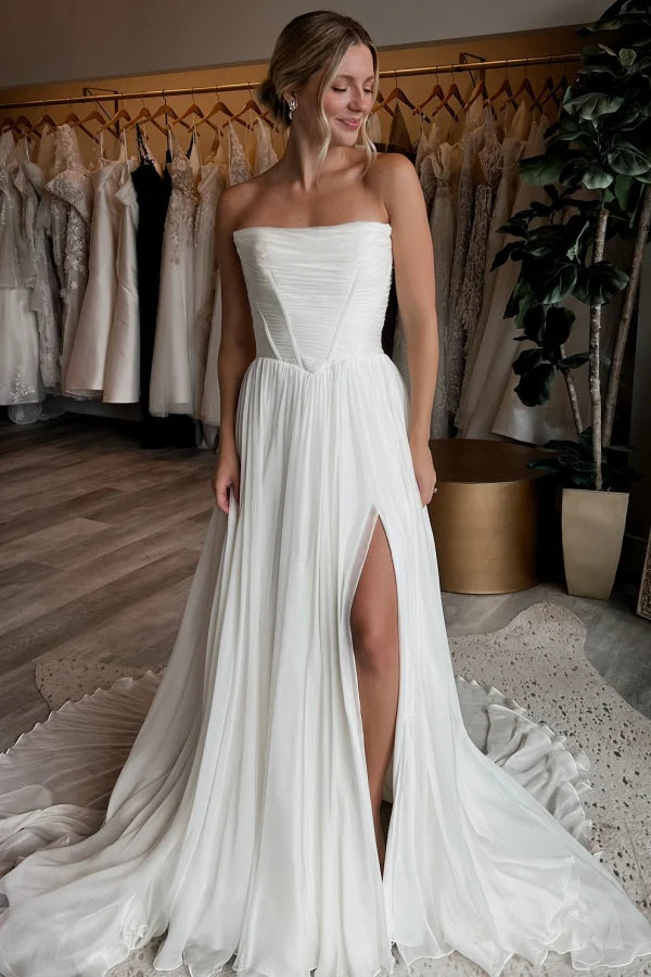Ethereal A-Line Sweetheart Halter Button Back Train Wedding Dresses