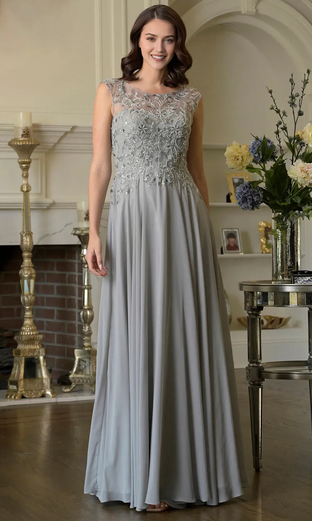 Fashionable A-Line Scoop Neck Sleeveless Lace Embroidered Bodice V-Open Back Back Zip Floor-Length Mother of the Bride Dress