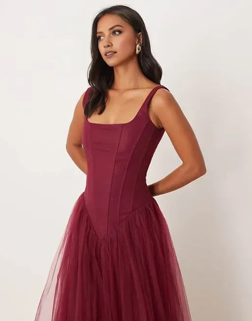 Fashionable A-Line Square Neck Sleeveless Lace Tulle Back Zip Floor-Length Prom Dresses for women Hot Sale