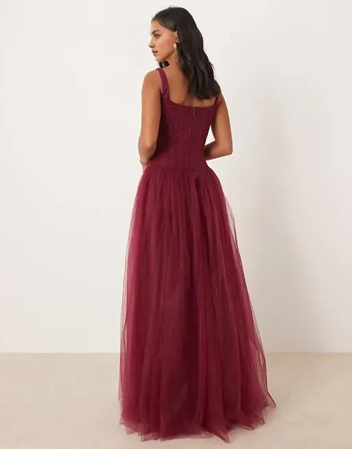 Fashionable A-Line Square Neck Sleeveless Lace Tulle Back Zip Floor-Length Prom Dresses for women Hot Sale