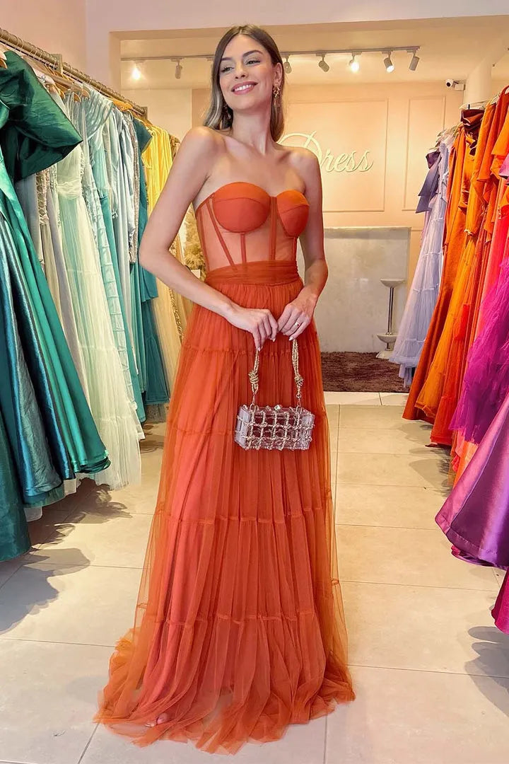 Fashionable A-Line Strapless Sleeveless Tulle Sheer Corset Bodice Open -Back Lace Up Floor - Length Prom Dress