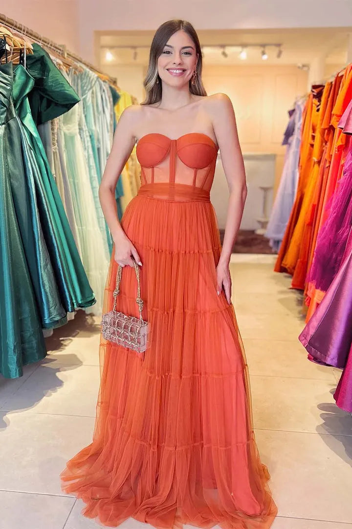 Fashionable A-Line Strapless Sleeveless Tulle Sheer Corset Bodice Open -Back Lace Up Floor - Length Prom Dress