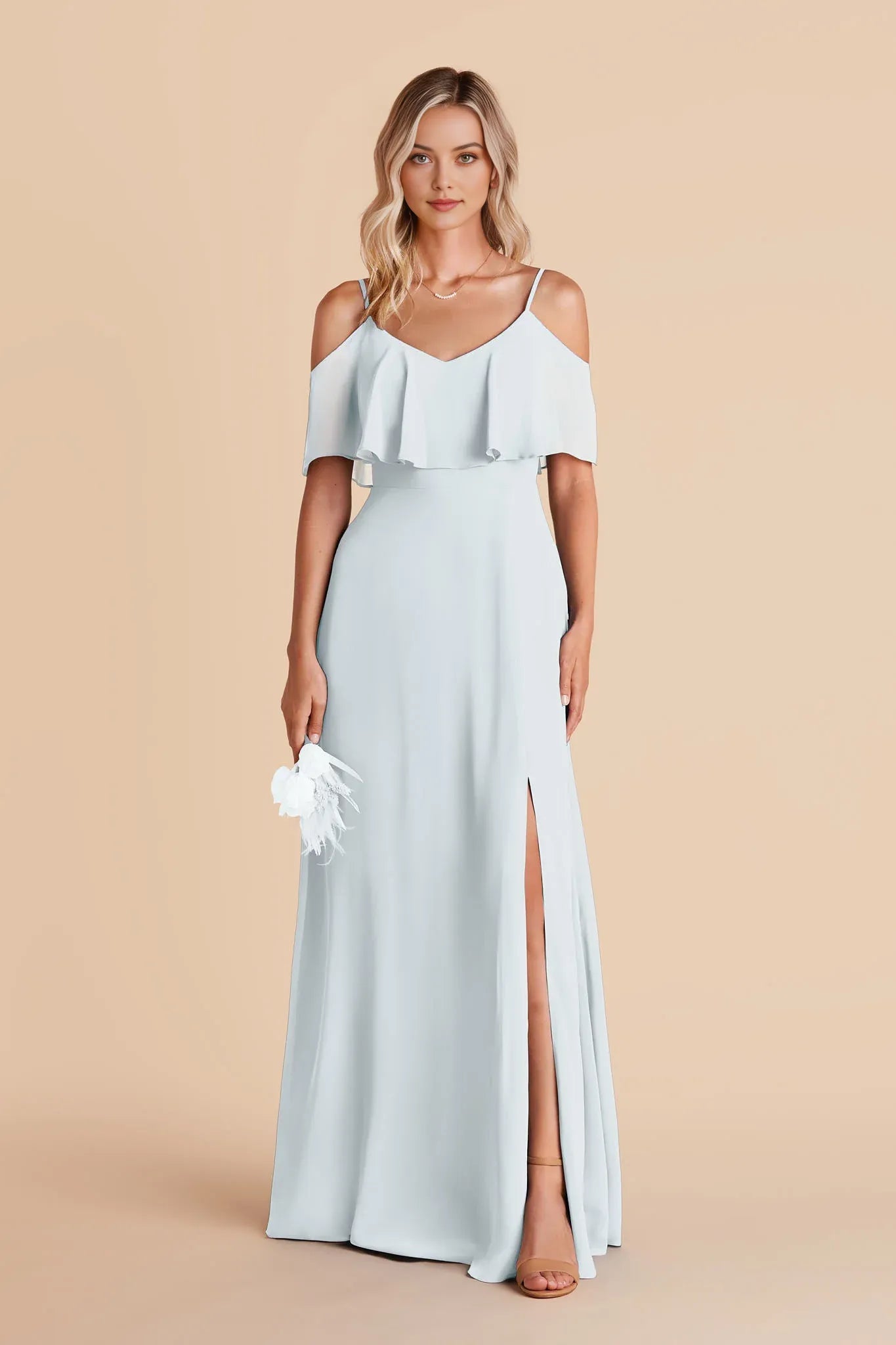 Fashionable A-Line V-Neck Cold-Shoulder Ruffled V back Back Zip Floor-Length Prom Dresses with Side Leg Slit