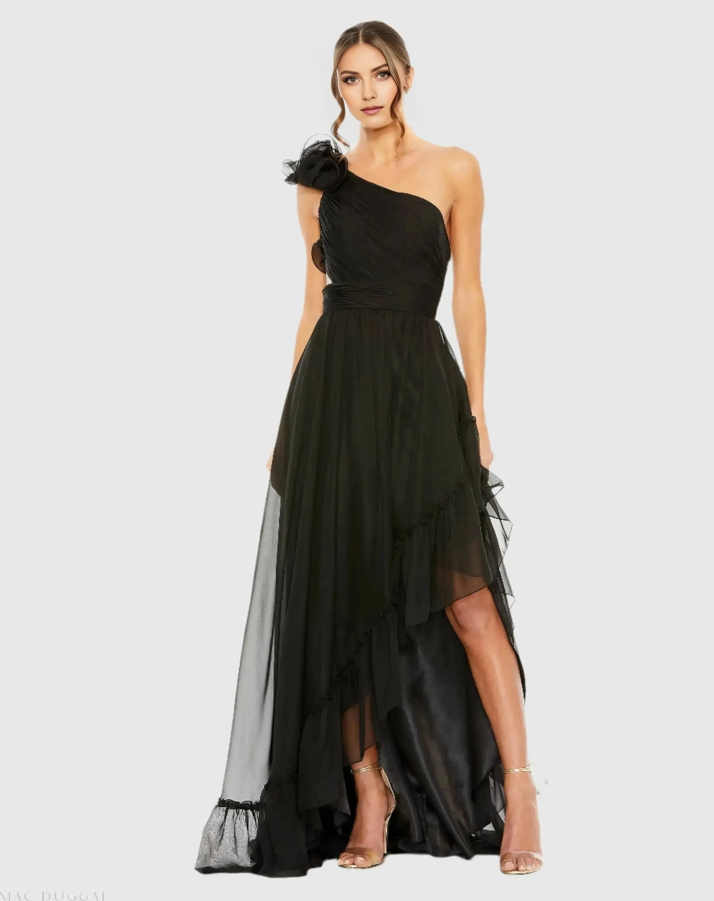 Fashionable Black A-Line Asymmetrical One-Shoulder Ruffled Strap Lace-Up-Back High-Low Tulle Prom Dress