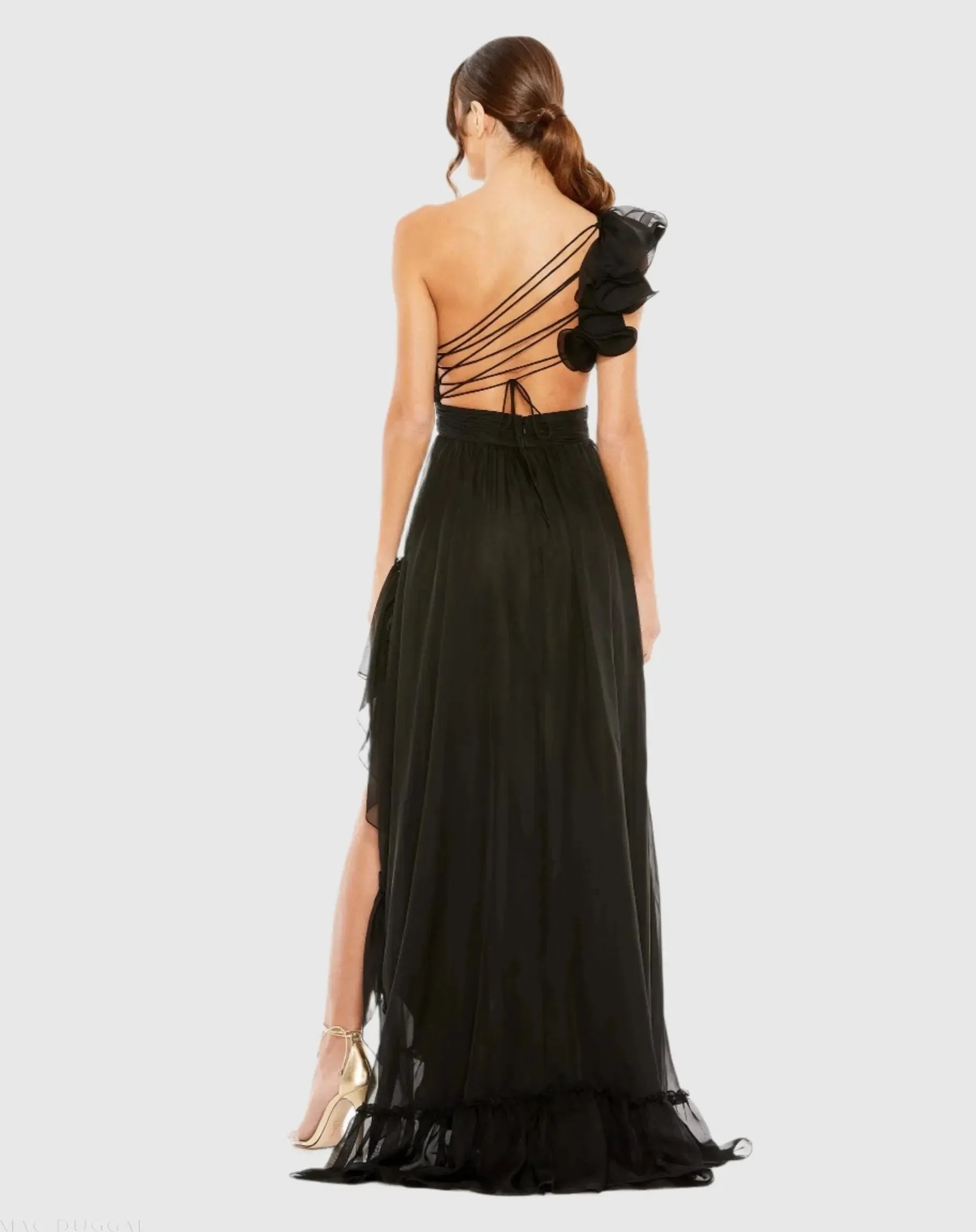 Fashionable Black A-Line Asymmetrical One-Shoulder Ruffled Strap Lace-Up-Back High-Low Tulle Prom Dress