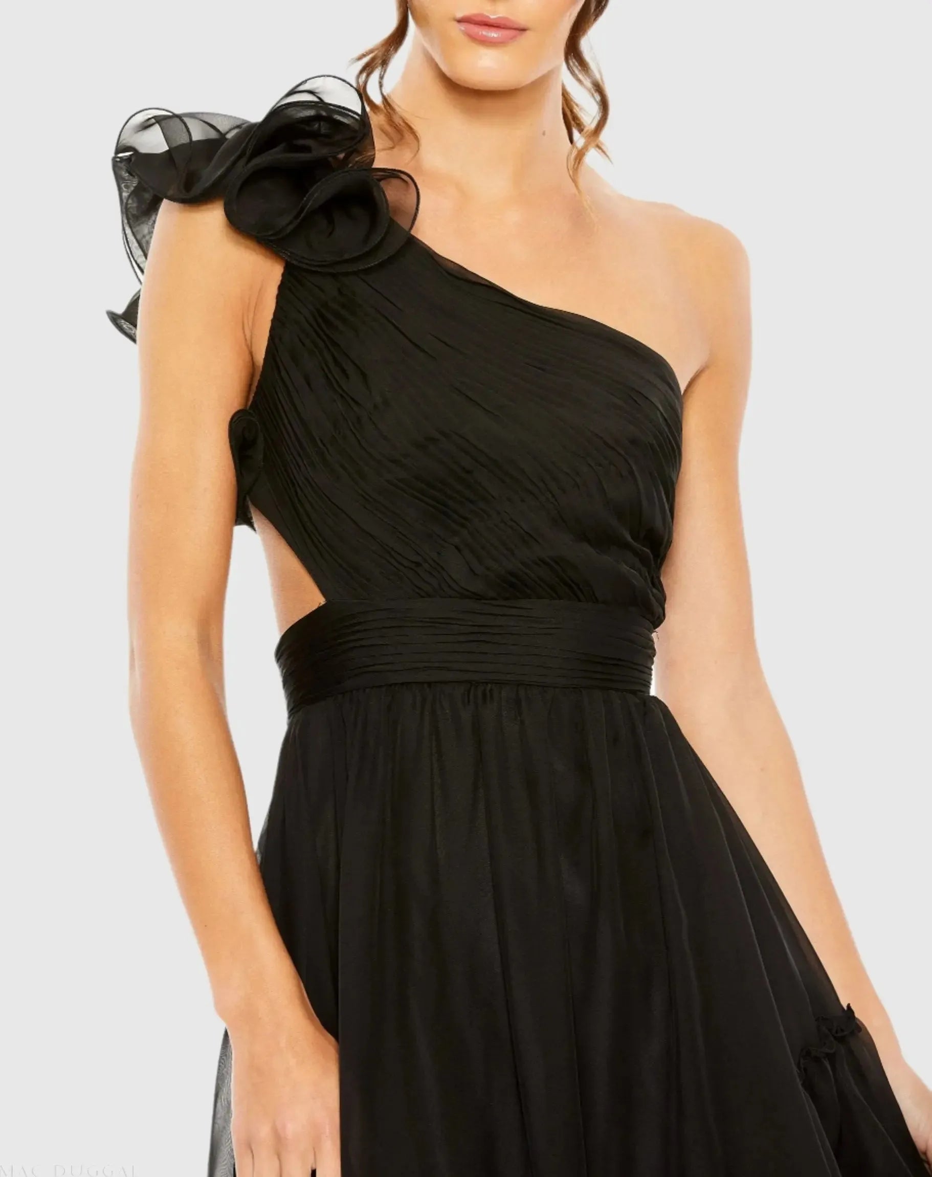 Fashionable Black A-Line Asymmetrical One-Shoulder Ruffled Strap Lace-Up-Back High-Low Tulle Prom Dress
