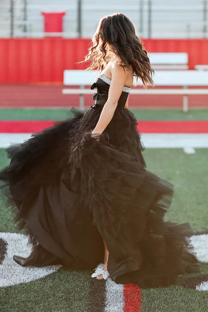 Fashionable Black A-Line Strapless Sleeveless Crystal-Trimmed Ruffled Tulle High-Low Prom Dresses with Slit