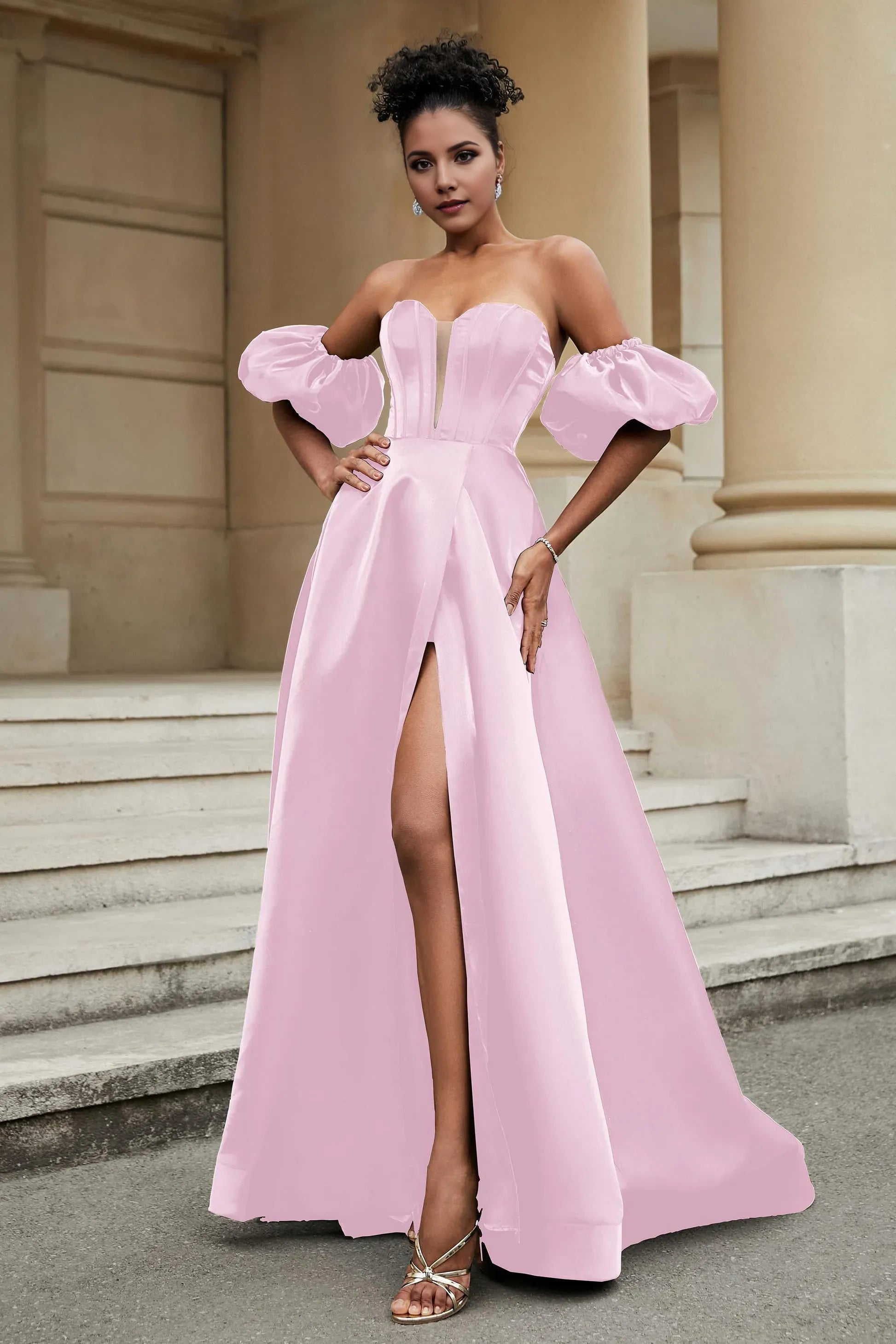 Fashionable Black A-Line Sweetheart Neck Puff Sleeve Back Zip Ruched Slit Satin Floor-Length Prom Dresses