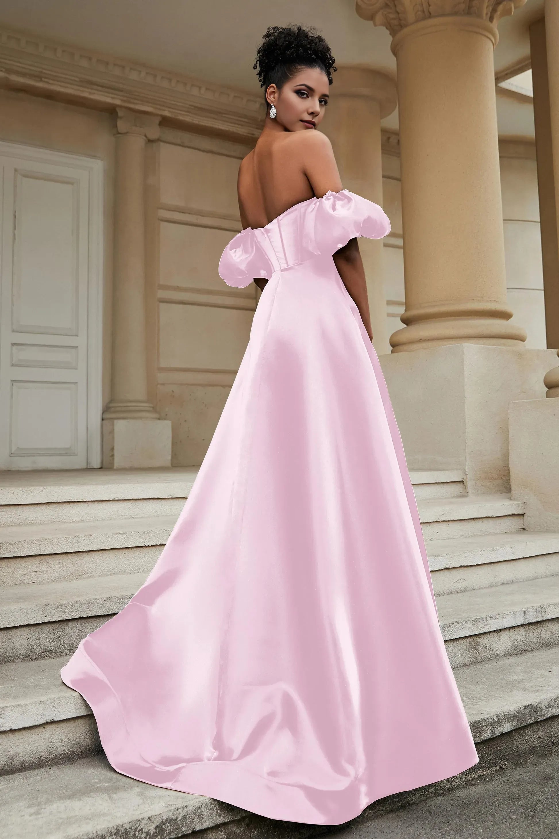 Fashionable Black A-Line Sweetheart Neck Puff Sleeve Back Zip Ruched Slit Satin Floor-Length Prom Dresses