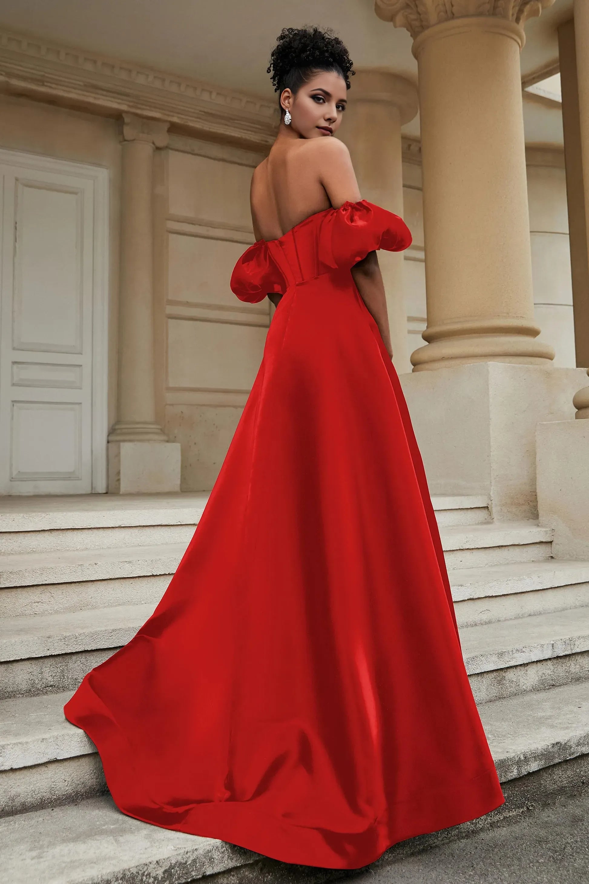 Fashionable Black A-Line Sweetheart Neck Puff Sleeve Back Zip Ruched Slit Satin Floor-Length Prom Dresses
