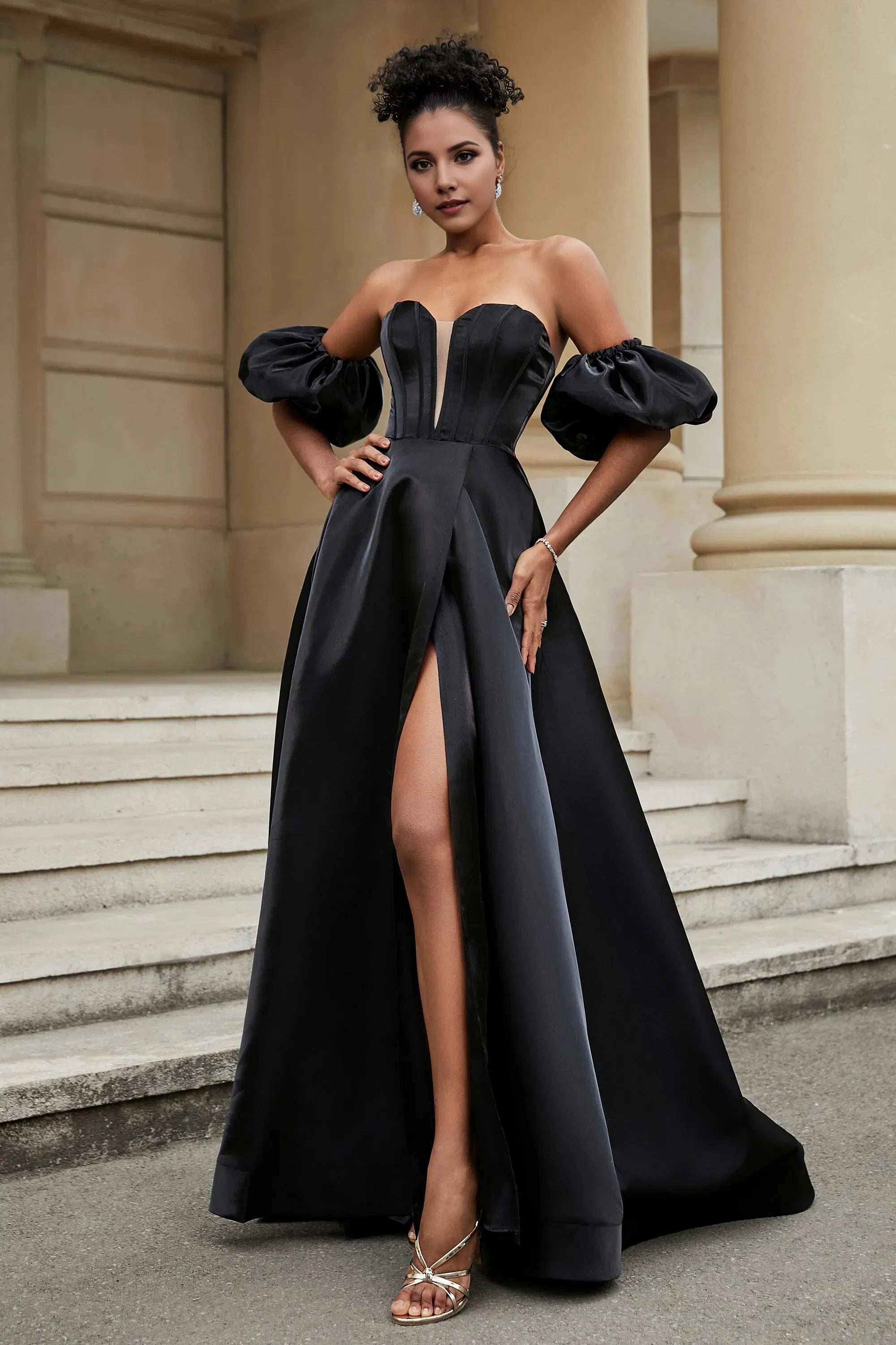 Fashionable Black A-Line Sweetheart Neck Puff Sleeve Back Zip Ruched Slit Satin Floor-Length Prom Dresses