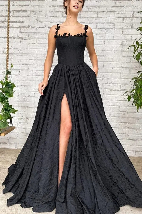 Fashionable Black A Line Square Neck Spaghetti Strap Lace Up Floor-Length Floral High-Slit Prom Dress hot sale