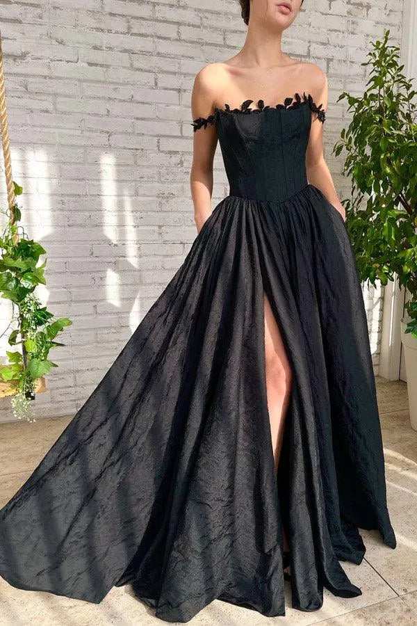 Fashionable Black A Line Square Neck Spaghetti Strap Lace Up Floor-Length Floral High-Slit Prom Dress hot sale