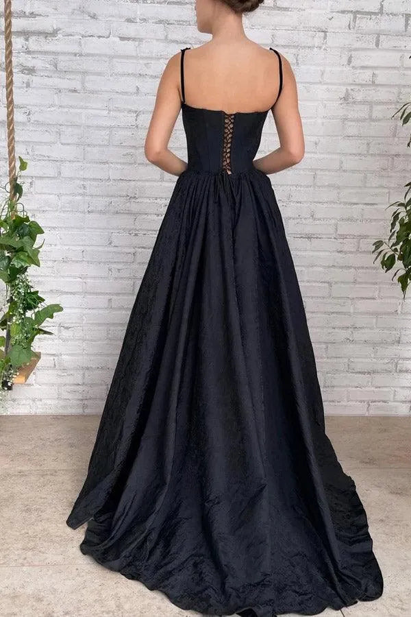 Fashionable Black A Line Square Neck Spaghetti Strap Lace Up Floor-Length Floral High-Slit Prom Dress hot sale