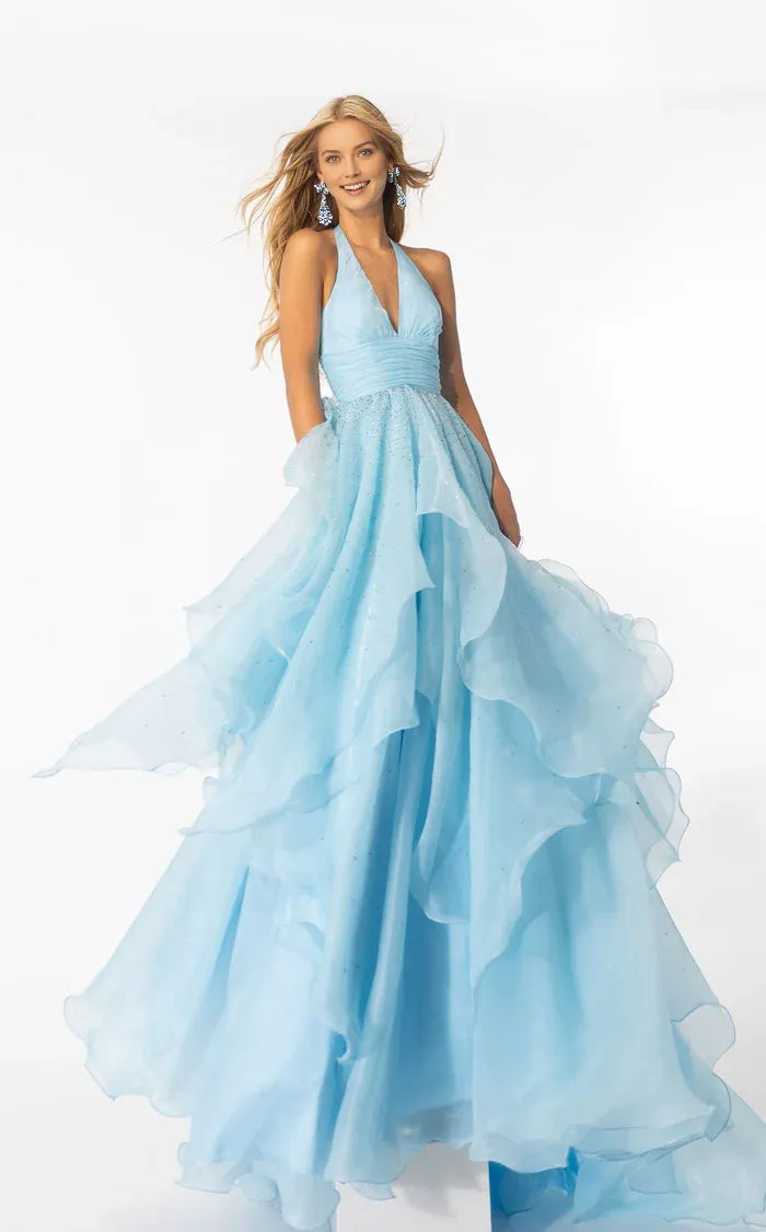 Fashionable Blue A-Line Halter Neck Sleeveless Back Zip Tiered Ruffled Beading Floor-Length Prom Dresses