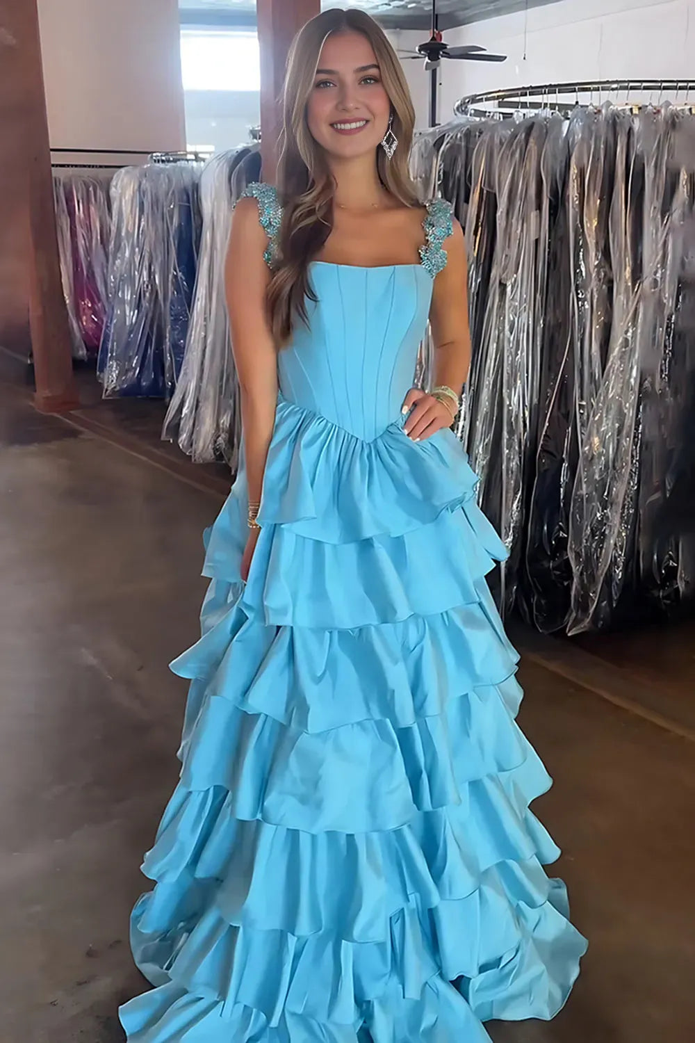 Fashionable Blue A Line Square Neck Sleeveless Ruffled Tiered Corset Floor-Length Prom Dress with Rhinestones