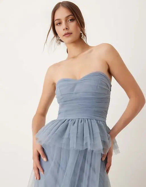 Fashionable Blue Ball Gown Strapless Sleeveless Ruffled Ruffle Tulle Backless Ankle-Length Prom Dresses Hot Sale