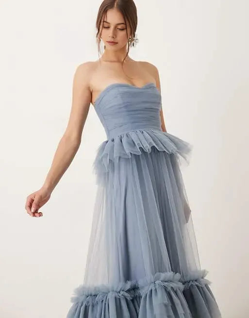Fashionable Blue Ball Gown Strapless Sleeveless Ruffled Ruffle Tulle Backless Ankle-Length Prom Dresses Hot Sale
