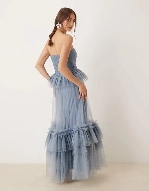 Fashionable Blue Ball Gown Strapless Sleeveless Ruffled Ruffle Tulle Backless Ankle-Length Prom Dresses Hot Sale