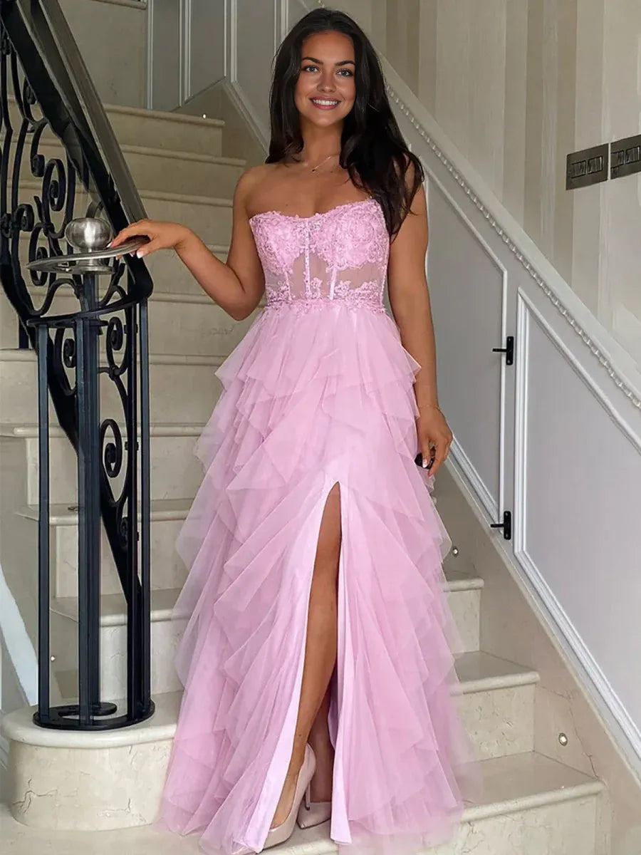 Fashionable Blush A-Line Strapless Neckline Sleeveless Tulle Tiered High-Slit Floor-Length Prom Dress with Appliques
