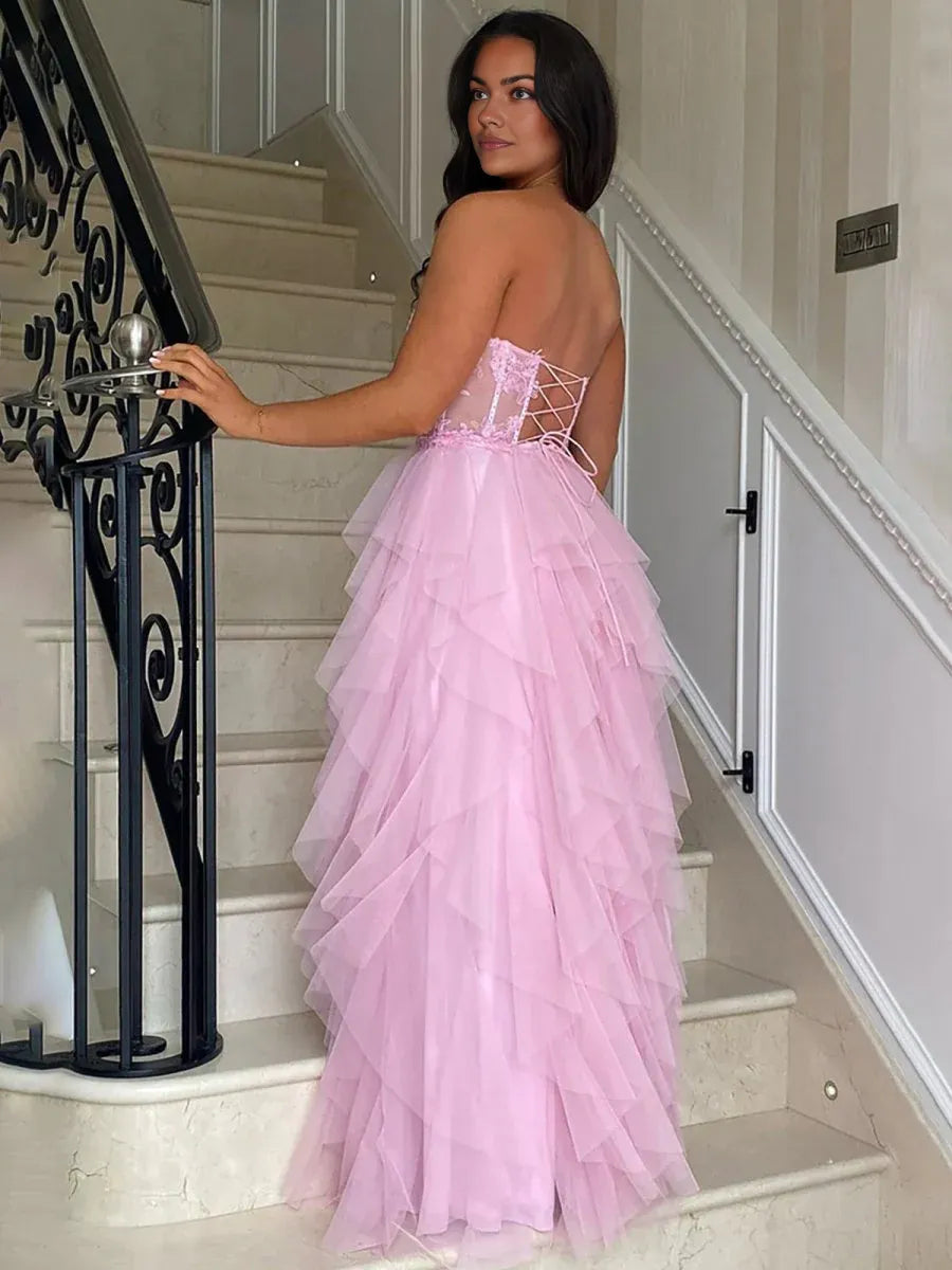 Fashionable Blush A-Line Strapless Neckline Sleeveless Tulle Tiered High-Slit Floor-Length Prom Dress with Appliques