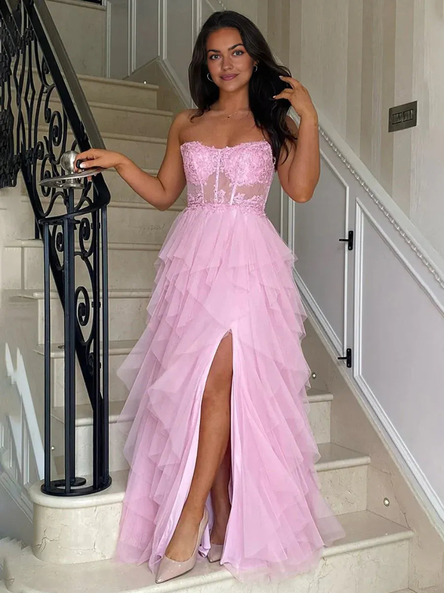 Fashionable Blush A-Line Strapless Neckline Sleeveless Tulle Tiered High-Slit Floor-Length Prom Dress with Appliques