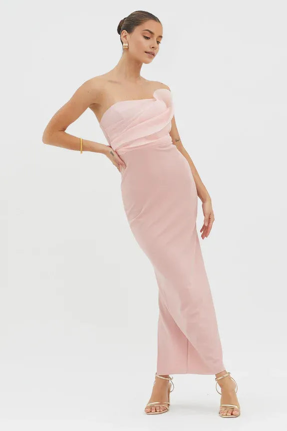 Fashionable Blush Sheath Strapless Neck Sleeveless Back Zip Ankle-Length Back Slit Prom Dresses for female guests hot sale