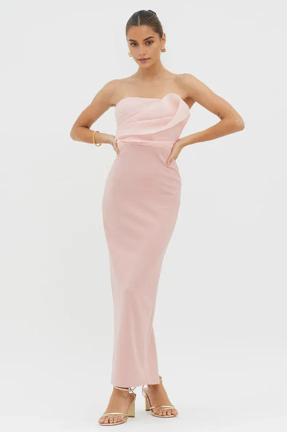 Fashionable Blush Sheath Strapless Neck Sleeveless Back Zip Ankle-Length Back Slit Prom Dresses for female guests hot sale