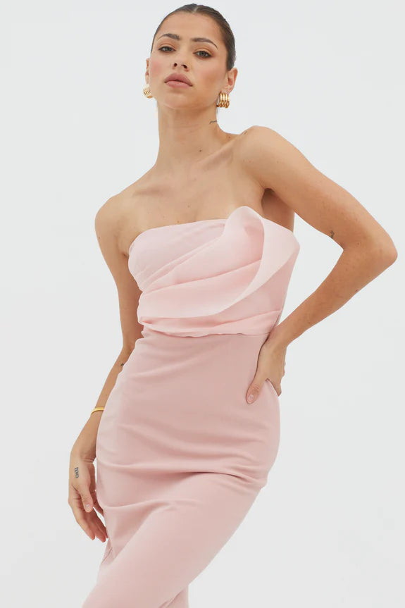 Fashionable Blush Sheath Strapless Neck Sleeveless Back Zip Ankle-Length Back Slit Prom Dresses for female guests hot sale