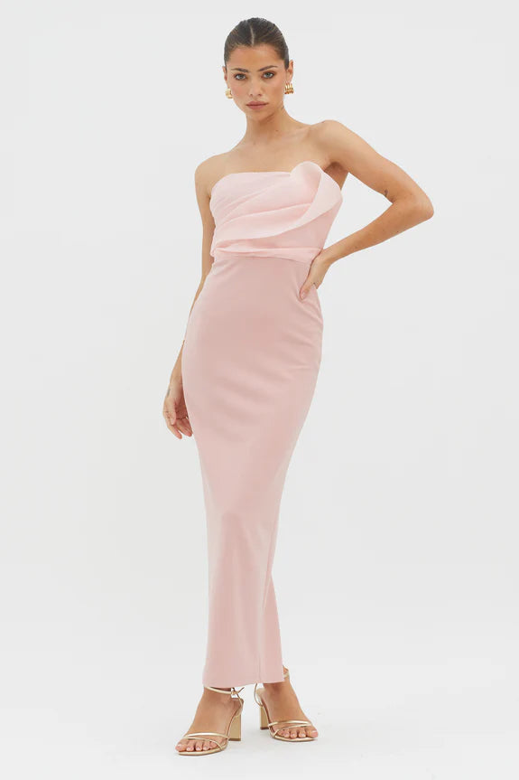 Fashionable Blush Sheath Strapless Neck Sleeveless Back Zip Ankle-Length Back Slit Prom Dresses for female guests hot sale