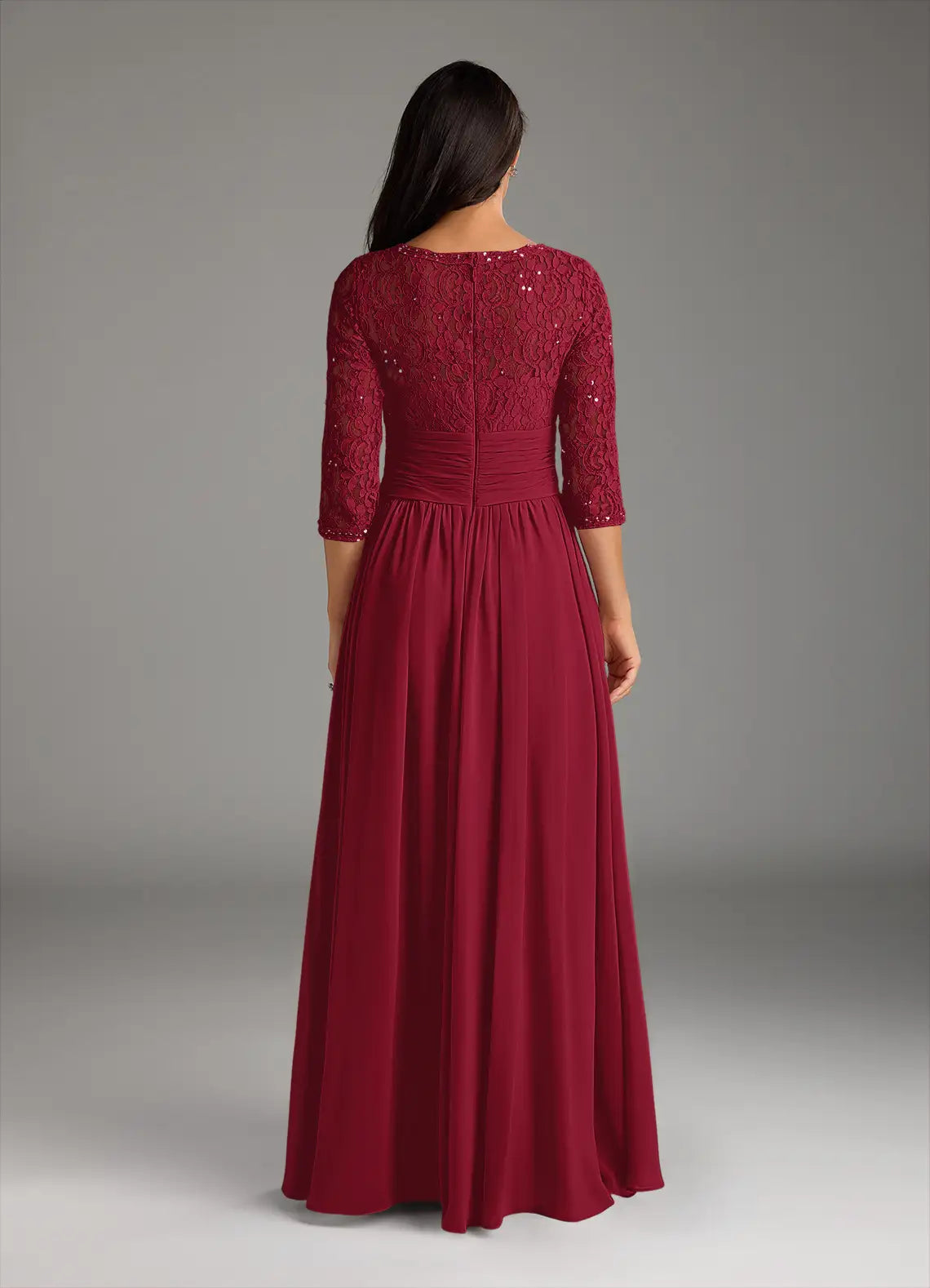 Fashionable Burgundy A-Line Crew Neck Three-Quarter Sleeve Lace Beaded Back Zip Floor-Length Mother of the Bride Dress