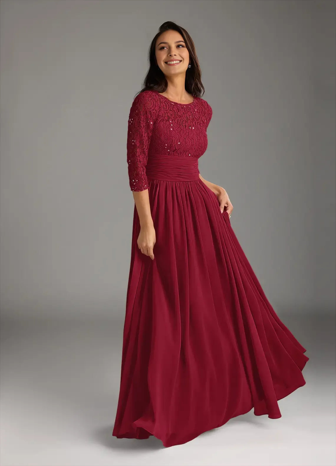 Fashionable Burgundy A-Line Crew Neck Three-Quarter Sleeve Lace Beaded Back Zip Floor-Length Mother of the Bride Dress
