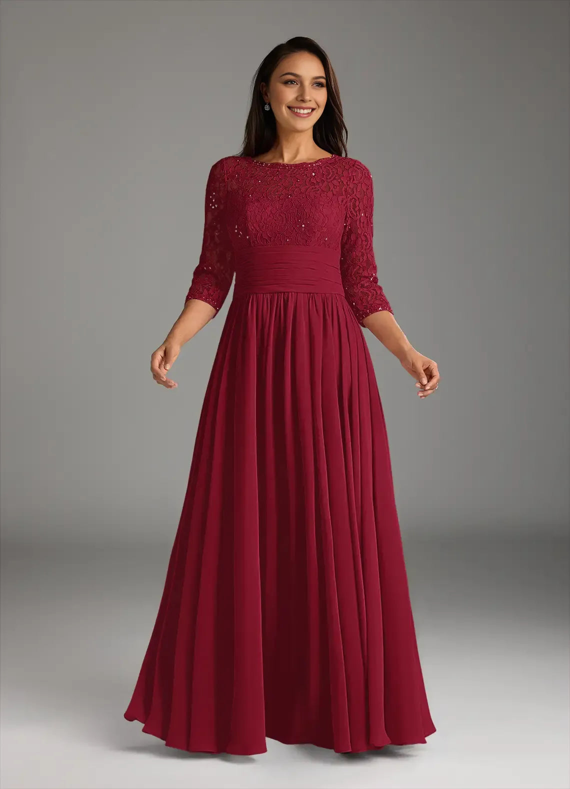 Fashionable Burgundy A-Line Crew Neck Three-Quarter Sleeve Lace Beaded Back Zip Floor-Length Mother of the Bride Dress