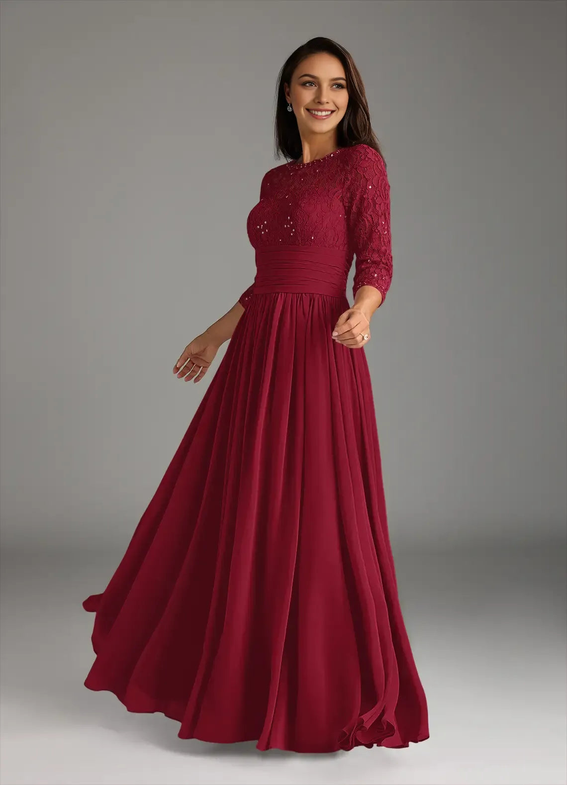 Fashionable Burgundy A-Line Crew Neck Three-Quarter Sleeve Lace Beaded Back Zip Floor-Length Mother of the Bride Dress