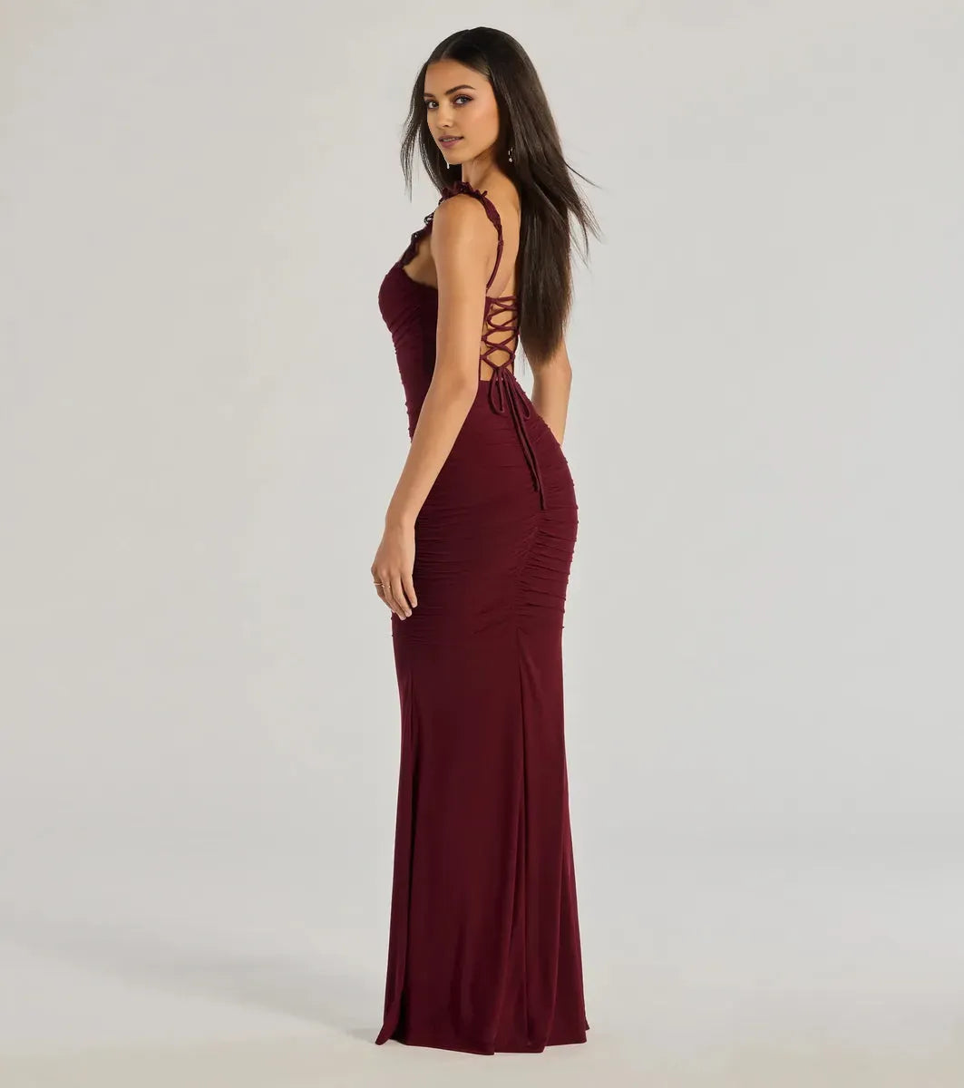 Fashionable Burgundy Mermaid Sweetheart Neck Lace-Strap Ruched Crisscross Back Floor-Length Prom Dresses