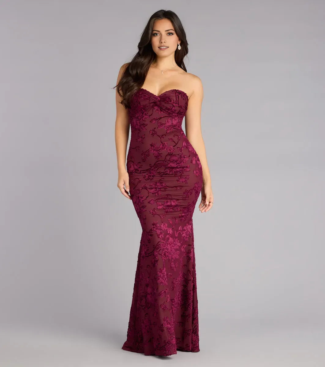Fashionable Burgundy Mermaid Sweetheart Neckline Sleeveless Ruched Floral-Velvet Tie Back Cut-Out Floor-Length Prom Dresses