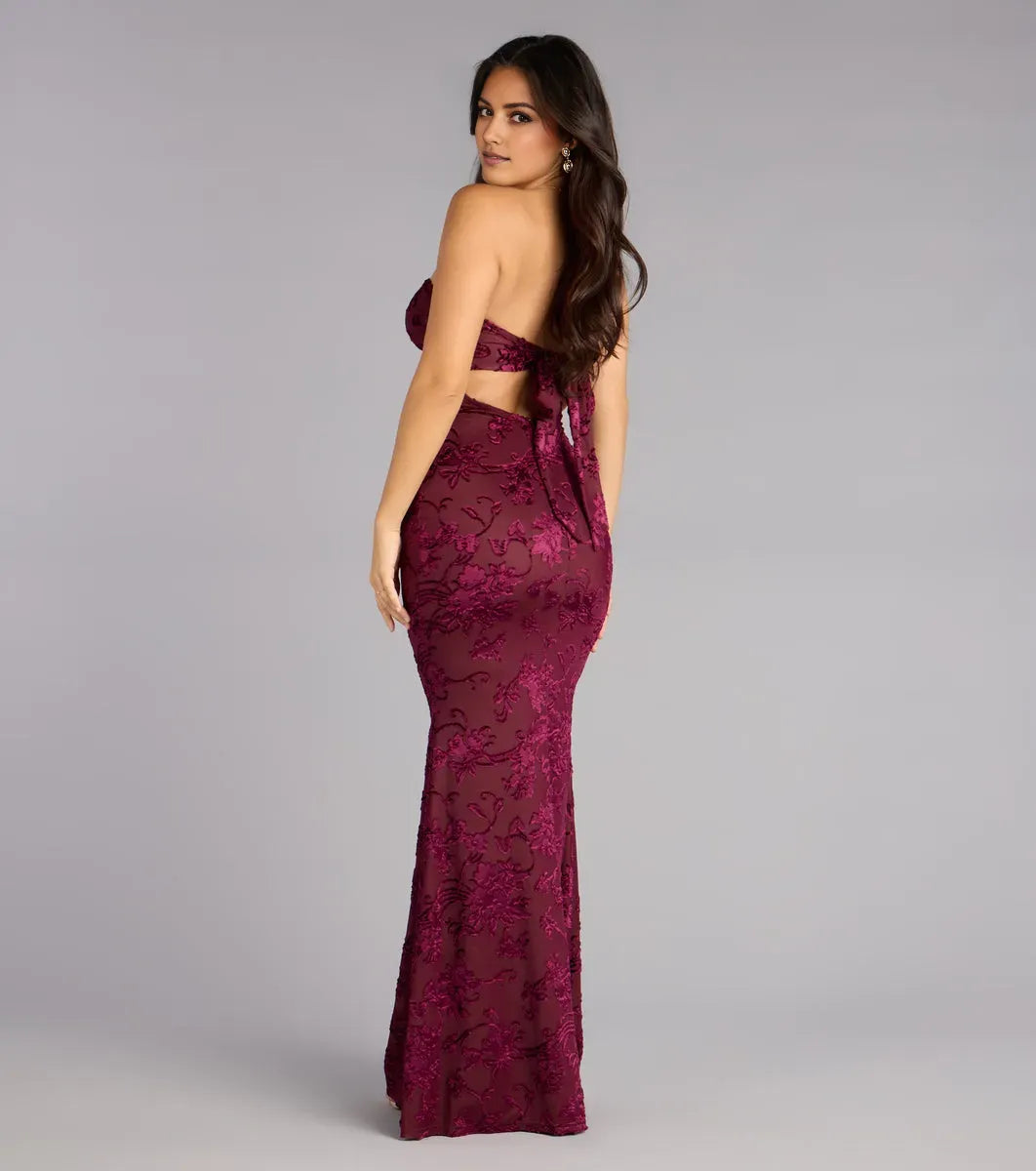 Fashionable Burgundy Mermaid Sweetheart Neckline Sleeveless Ruched Floral-Velvet Tie Back Cut-Out Floor-Length Prom Dresses