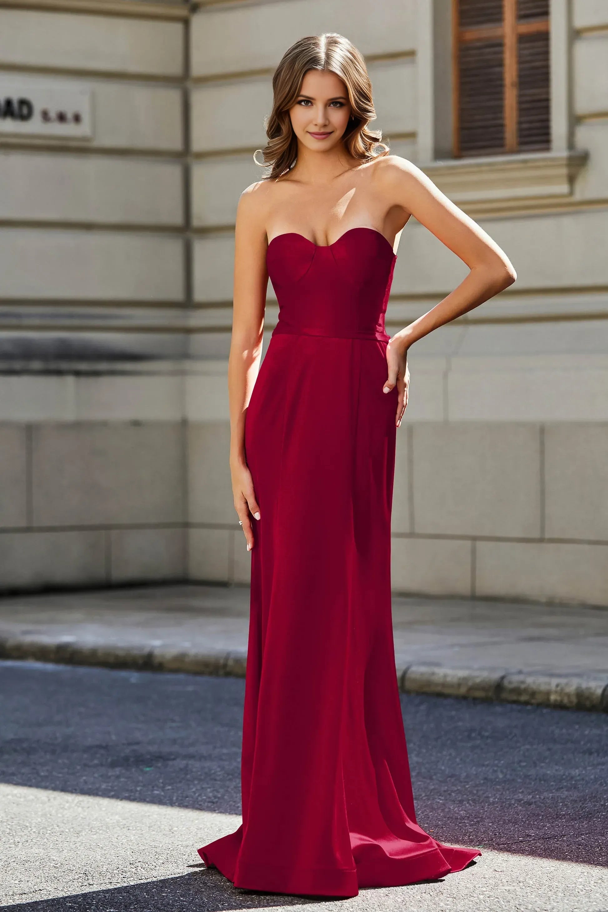 Fashionable Burgundy Sheath Sweetheart Neck Sleeveless Backless Lace Up Satin Floor-Length Prom Dresses