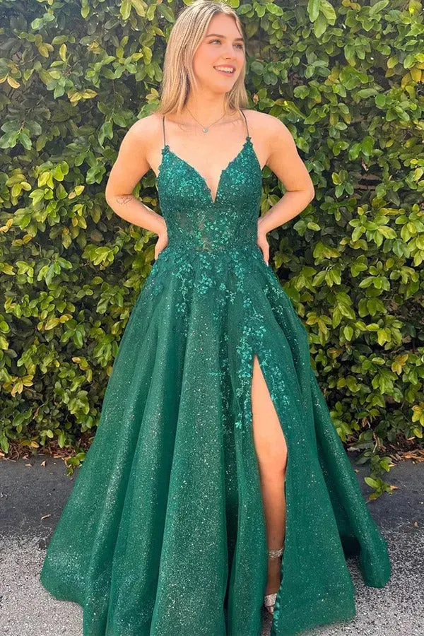 Fashionable Dark Green A-line V-Neck Spaghetti Straps Crisscross Back Lace Appliques High Side Slit Prom Dresses