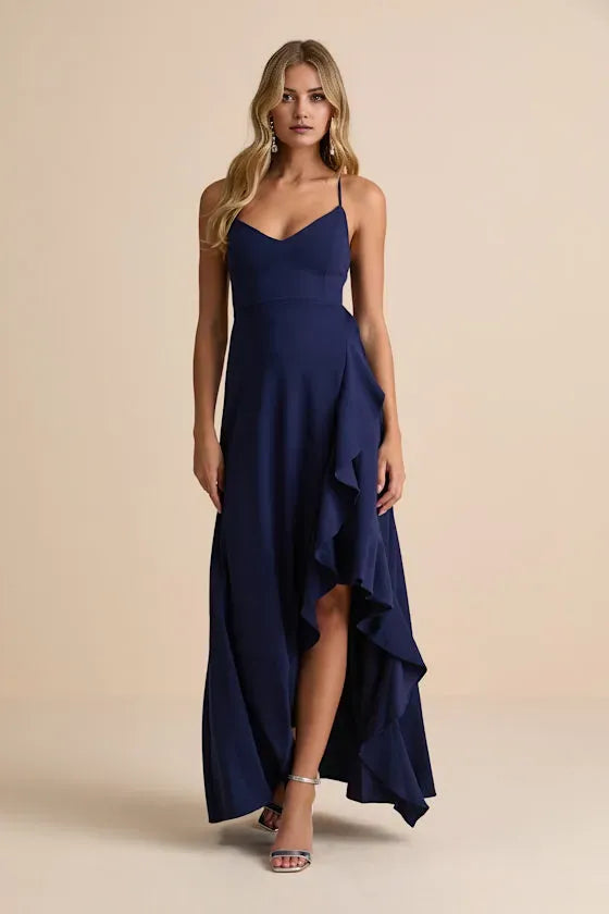 Fashionable Dark Navy A-Line V -Neck Spaghetti Straps Crisscross Back High-Low Ruffled Prom Dress